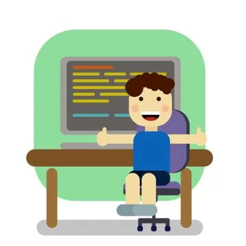 Cute student boy working with computer Stock Illustration