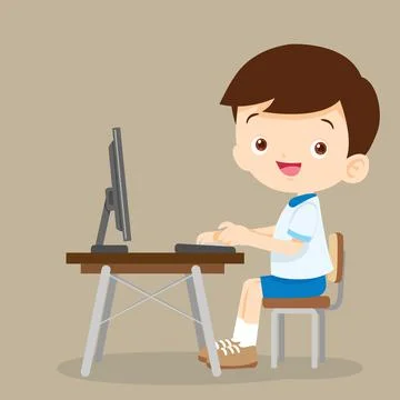 Cute student boy working with computer Stock Illustration