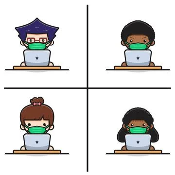 Cute student do online learning study course home school with laptop cartoo.. Stock Illustration