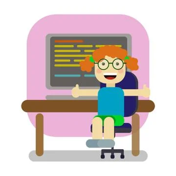 Cute student girl working with computer Stock Illustration