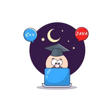 Cute student programming, programming in the evening student operating Laptop Stock Illustration