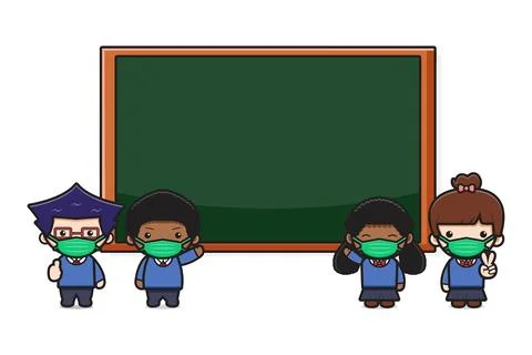 Cute student standing front of board with mask new normal style cartoon ill.. Stockillustratie