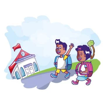 Cute students with facade building school Ilustración de archivo