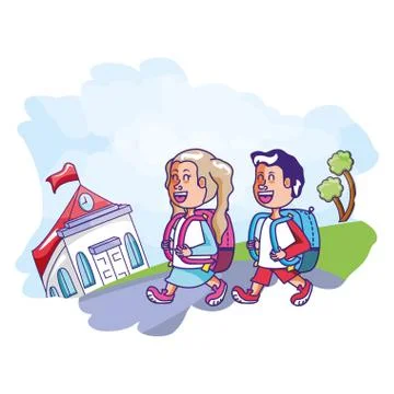 Cute students with facade building school Ilustración de archivo