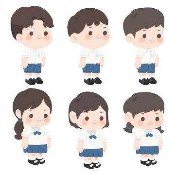 Cute Students in School Uniform Illustration Set Stock Illustration