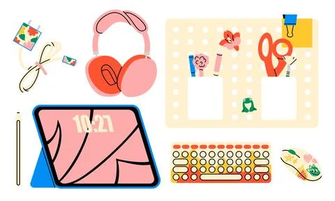 Cute study desk workplace set illustration Stock Illustration