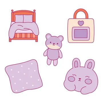 Cute Stuff Collection Set at Home with Bear Doll Toy Bed Decoration 스톡 일러스트