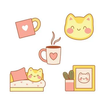 Cute Stuff Collection Set at Home with Cat Doll Toy Drink Sofa Plant Decorati Stock Illustration