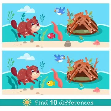 Cute stylised beaver swimming in river near hut. Find 10 differences Stockillustratie