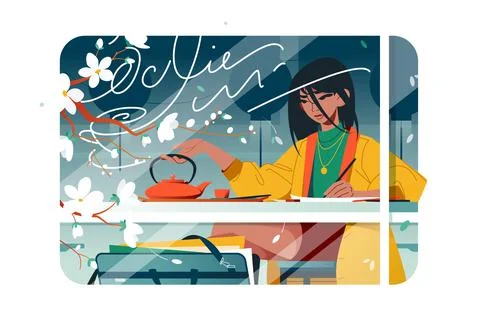 Cute stylish asian girl drinking tea at cafe Stock Illustration