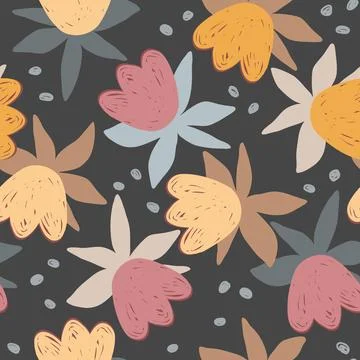 Cute stylish seamless pattern with big naive flowers and spots. Floral vector Stock Illustration