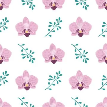 Cute stylish seamless pattern with pink orchid flowers and twigs Stock Illustration