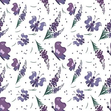 Cute stylish seamless pattern with purple flowers and butterflies Stock Illustration