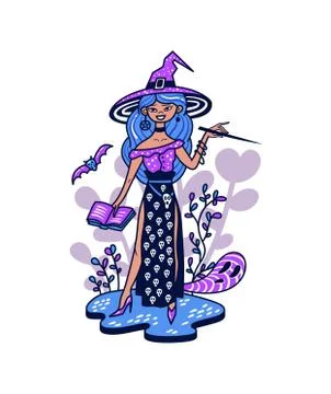 Cute stylish witch with a magic wand. Stock Illustration