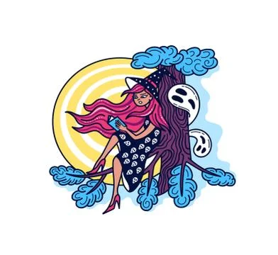 Cute stylish witch on a tree at night. Stock Illustration