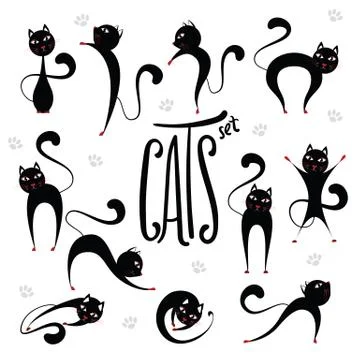 Cute stylized black cats set in various positions. Lettering inscription Cats Stock-Illustration