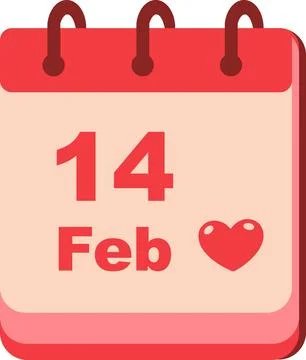 Cute stylized calendar icon marking February 14th in bold red text, featuring  Illustrazione stock