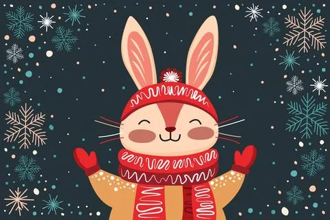Cute stylized rabbit in winter clothes on a blue background with snowflakes Stock Illustration