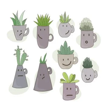 Cute succulents with faces in cups. Stock Illustration