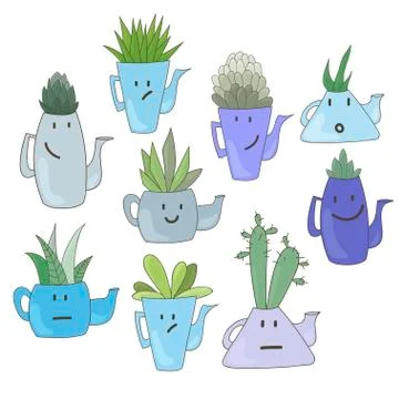 Cute succulents with faces in tea pots. Stock Illustration