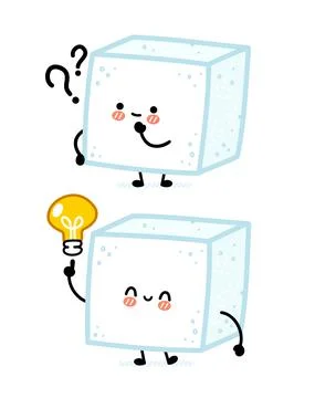 Cute sugar piece cube character with question mark and idea lightbulb. Vector Stock Illustration