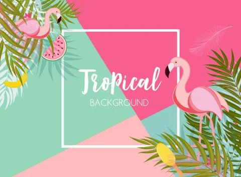 Cute Summer Abstract Frame Background with Pink Flamingo Vector Illustration Stock Illustration