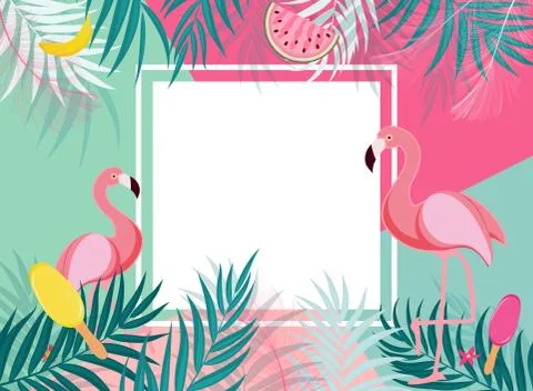 Cute Summer Abstract Frame Background with Pink Flamingo Illustration Stock Illustration