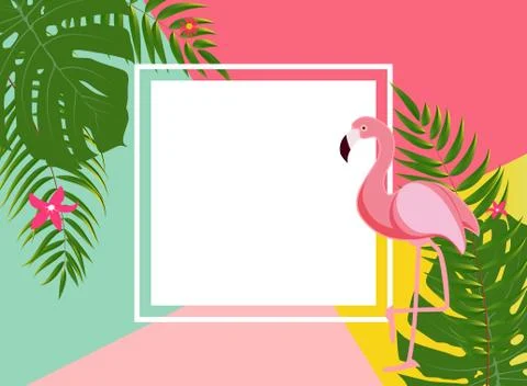 Cute Summer Abstract Frame Background with Pink Flamingo Illustration Illustrazione stock