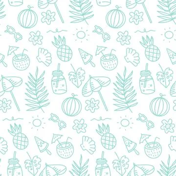 Cute summer abstract linear pattern. Doodle Seamless pattern with summer fruits Illustrazione stock
