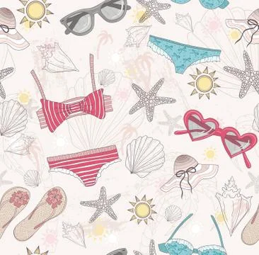 Cute summer abstract pattern. seamless pattern with swimsuits, sunglasses, su Stock Illustration