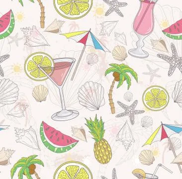 Cute summer abstract pattern. seamless pattern with coctails, sunglasses, fru Stock Illustration