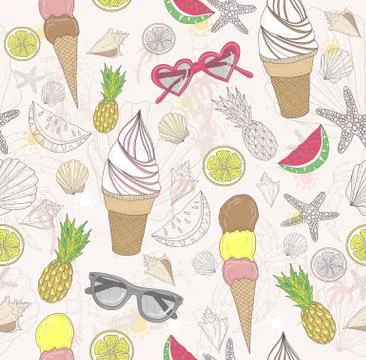 Cute summer abstract pattern. seamless pattern with ice creams, sunglasses, f Stock Illustration