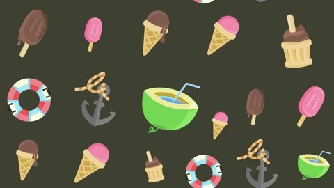 Cute summer and beach vacation elements seamless pattern on dark background Stock Footage 337288828
