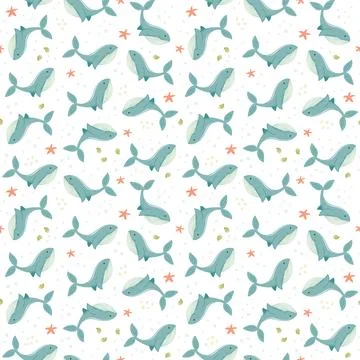 Cute Summer background with hand drawn whales, shells, starfishes. Stock Illustration