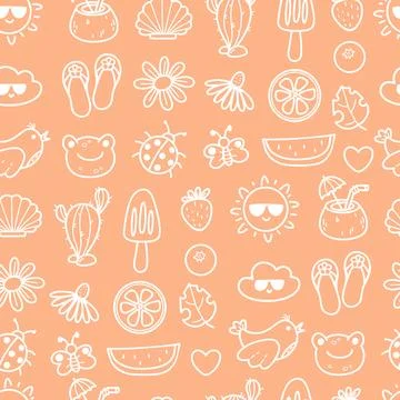 Cute Summer Beach Seamless Pattern Doodle. White Outline Tropical Fruit, Ca.. Stock Illustration