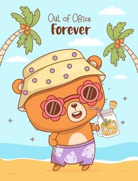 Cute summer bear in hat and sunglasses relaxing with tropical drink. Funny .. Stock Illustration