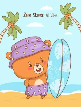 Cute summer bear surfer with board. Funny poster with Animal kawaii beach c.. Stock Illustration