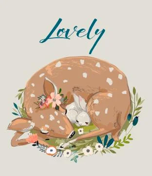 Cute summer deer with hare Stock Illustration