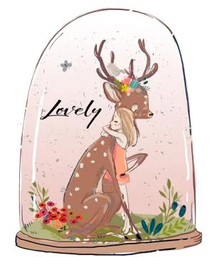 Cute summer deer with hare Stock Illustration