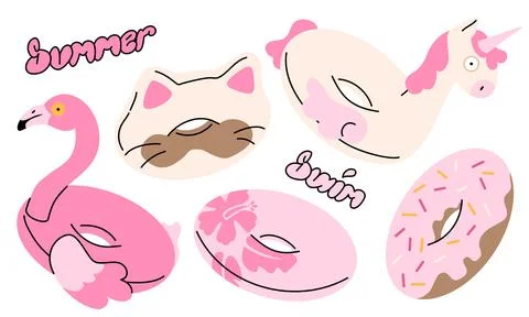 Cute Summer Inflatable Pool Float Collection in Pink Pastel Style Stock Illustration