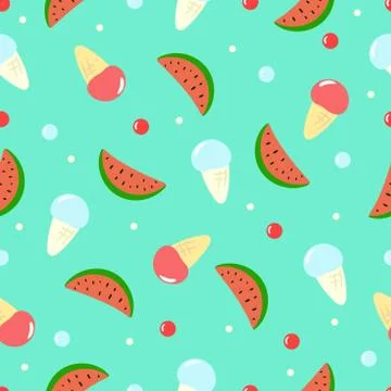 Cute summer pattern with watermelons and ice cream. Colorful background. Stock Illustration