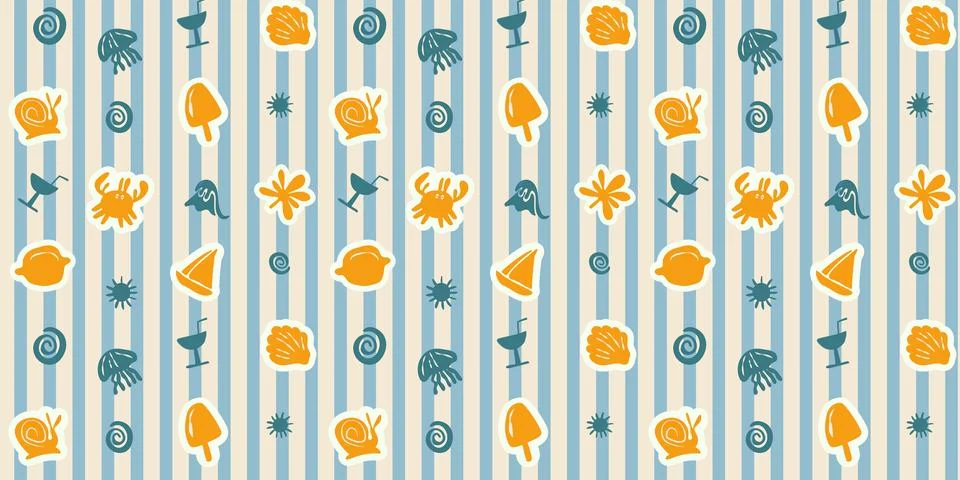 Cute summer seamless pattern with beach stickers and sea elements on stripe.. イラスト素材