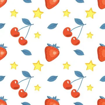 Cute summer seamless pattern with cherries, strawberries and stars. Bright print Stock Illustration