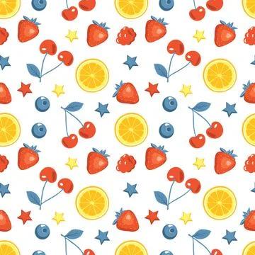 Cute summer seamless pattern with cherries, strawberries and lemons or oranges Stock Illustration