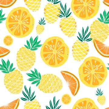 Cute summer seamless pattern. Fresh fruits, pineapples, oranges, citrus. Colo 스톡 일러스트