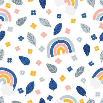 Cute summer seamless pattern with hand drawn elements. Leaves, flowers and .. Illustrazione stock