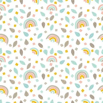 Cute summer seamless pattern with hand drawn elements. Leaves, flowers and .. Illustrazione stock