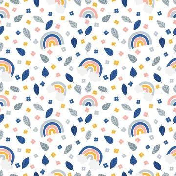 Cute summer seamless pattern with hand drawn elements. Leaves, flowers and .. Stock Illustration