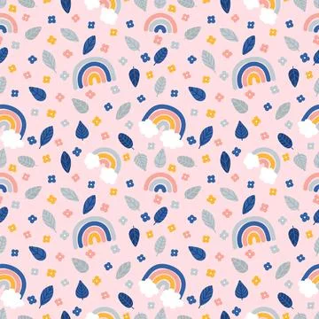 Cute summer seamless pattern with hand drawn elements. Leaves, flowers and .. Stock Illustration