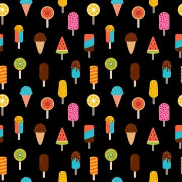 Cute summer seamless pattern with ice cream on black background. Colorful w.. Stock Illustration